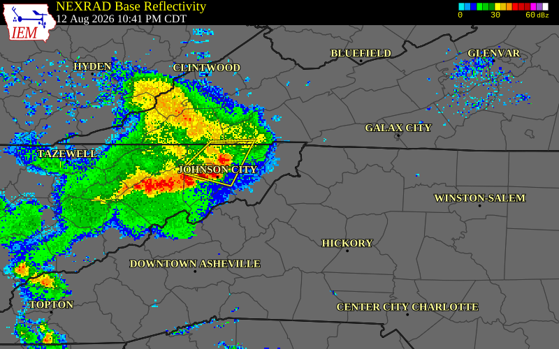 NEXRAD radar during the Wednesday, August 12, 2026 storm activity in Johnson County, Tennessee