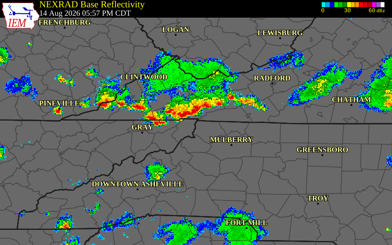 Radar snapshot during the Aug 12, 2026 wind event near Johnson County, Johnson County, Tennessee, with NWS warning polygons