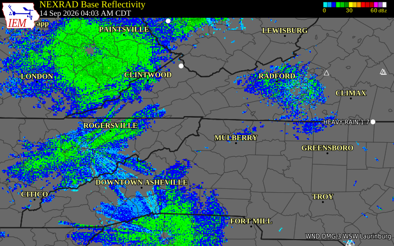 Current NEXRAD radar over Johnson County, Tennessee with recent storm report locations