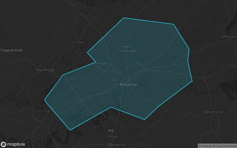 Map of Knox County, Tennessee showing the county boundary and surrounding cities