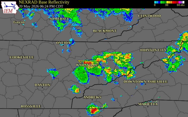 NEXRAD radar during the Wednesday, May 20, 2026 storm activity in Knox County, Tennessee