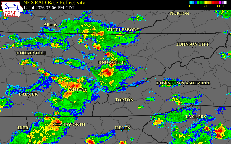 NEXRAD radar during the Sunday, July 12, 2026 storm activity in Knox County, Tennessee