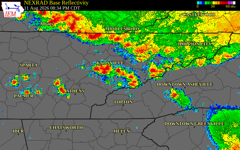 NEXRAD radar during the Tuesday, August 11, 2026 storm activity in Knox County, Tennessee