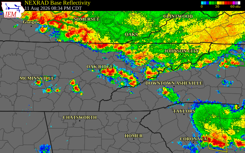 Radar snapshot during the Aug 11, 2026 wind event near Knox County, Knox County, Tennessee, with NWS warning polygons