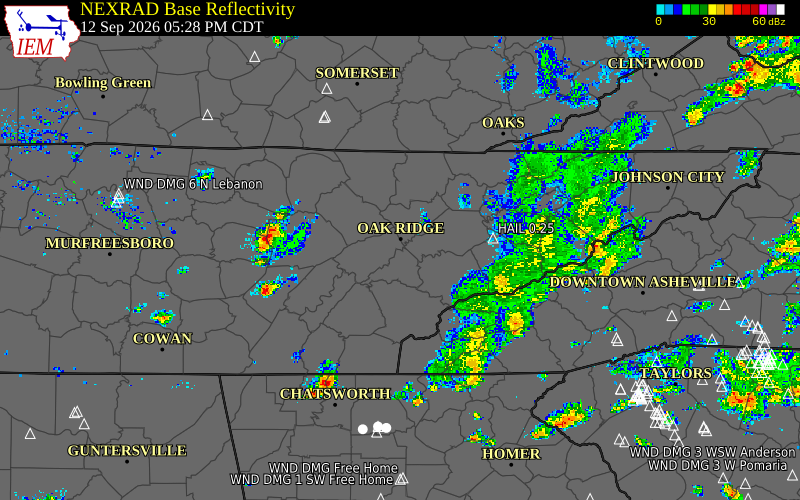 Current NEXRAD radar over Knox County, Tennessee with recent storm report locations