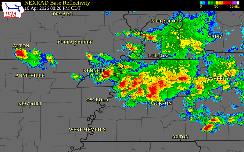 NEXRAD radar during the Thursday, April 16, 2026 storm activity in Lake County, Tennessee