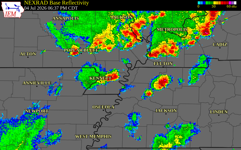 NEXRAD radar during the Saturday, July 4, 2026 storm activity in Lake County, Tennessee