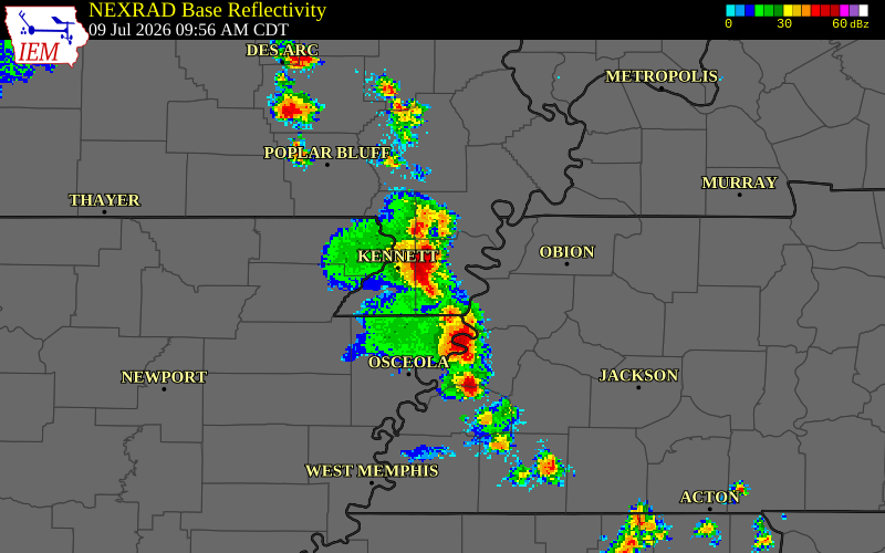 NEXRAD radar during the Thursday, July 9, 2026 storm activity in Lake County, Tennessee