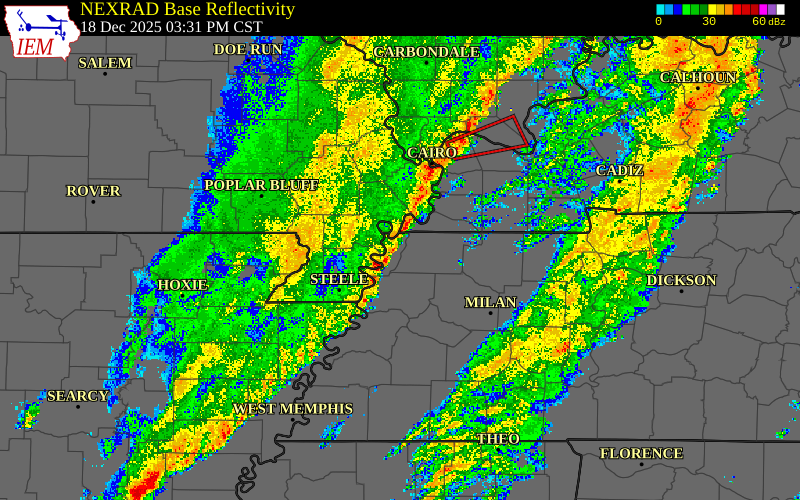 Radar snapshot during the Dec 18, 2025 wind event near Lake County, Lake County, Tennessee, with NWS warning polygons