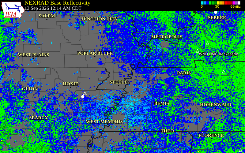 Current NEXRAD radar over Lake County, Tennessee with recent storm report locations