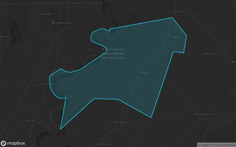 Map of Lauderdale County, Tennessee showing the county boundary and surrounding cities