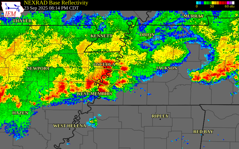NEXRAD radar during the Tuesday, September 23, 2025 storm activity in Lauderdale County, Tennessee