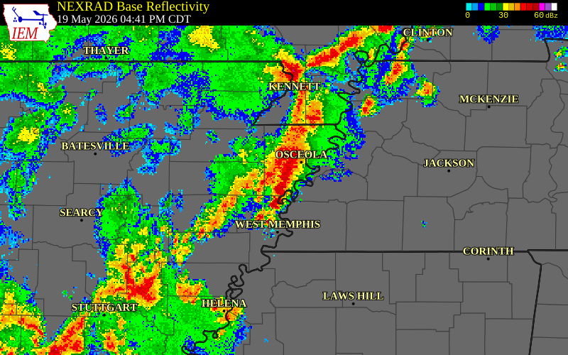 NEXRAD radar during the Tuesday, May 19, 2026 storm activity in Lauderdale County, Tennessee