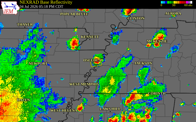 NEXRAD radar during the Saturday, July 4, 2026 storm activity in Lauderdale County, Tennessee