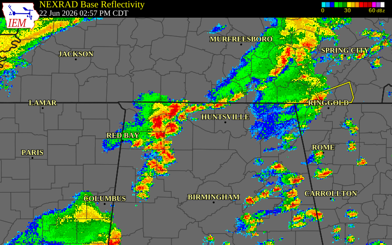 Radar snapshot during the Jun 22, 2026 wind event near Lauderdale County, Lauderdale County, Tennessee, with NWS warning polygons