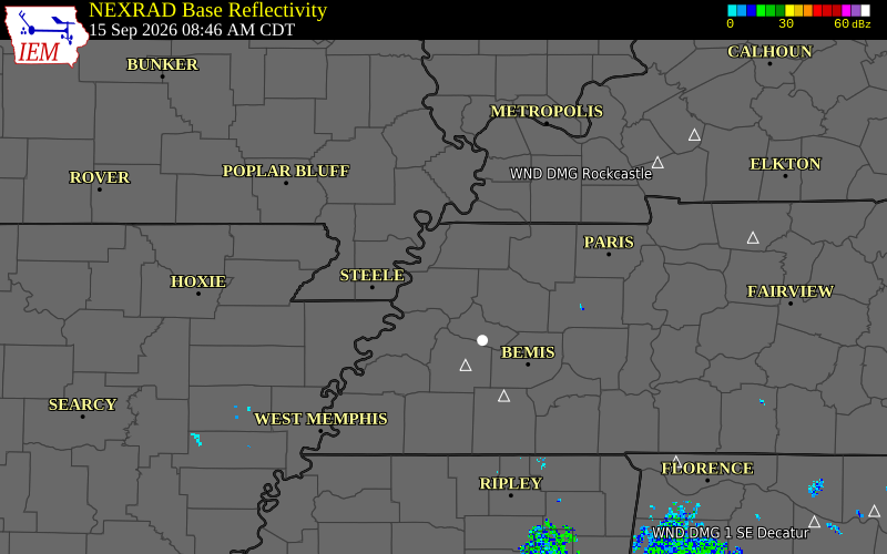 Current NEXRAD radar over Lauderdale County, Tennessee with recent storm report locations