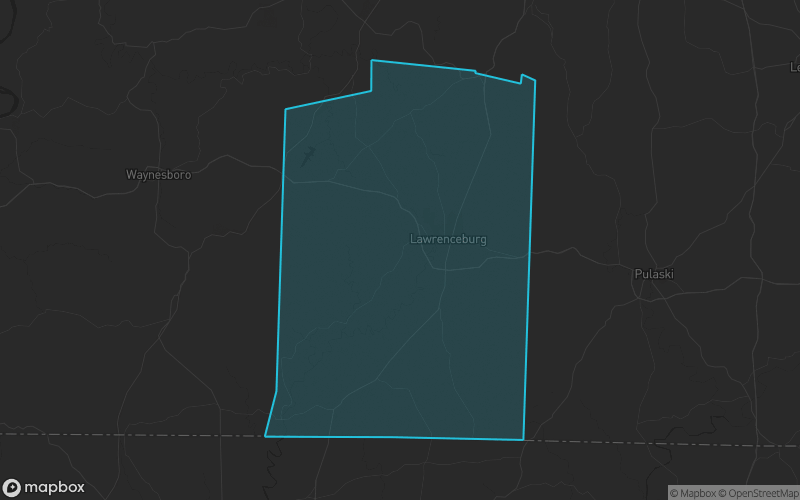 Map of Lawrence County, Tennessee showing the county boundary and surrounding cities