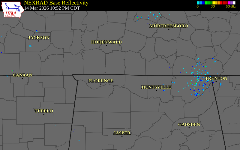 NEXRAD radar during the Saturday, March 14, 2026 storm activity in Lawrence County, Tennessee