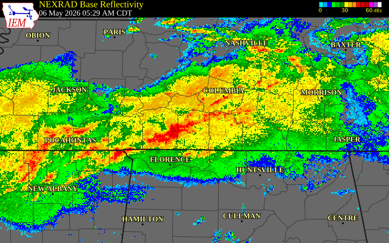 NEXRAD radar during the Wednesday, May 6, 2026 storm activity in Lawrence County, Tennessee