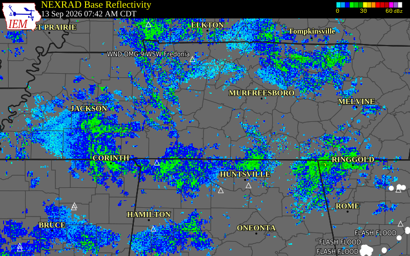 Current NEXRAD radar over Lawrence County, Tennessee with recent storm report locations