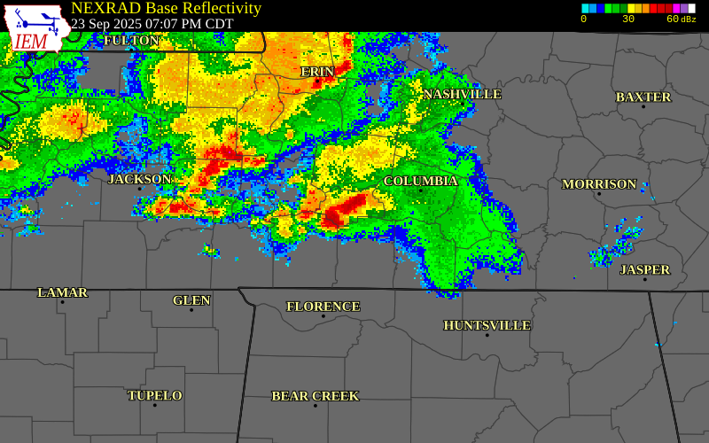 NEXRAD radar during the Tuesday, September 23, 2025 storm activity in Lewis County, Tennessee