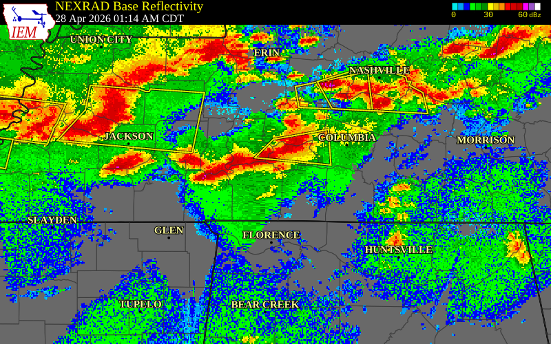 NEXRAD radar during the Tuesday, April 28, 2026 storm activity in Lewis County, Tennessee