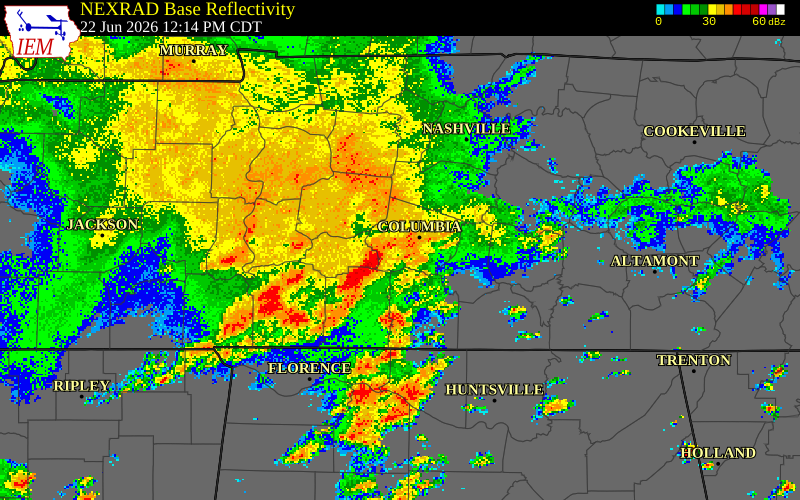 NEXRAD radar during the Monday, June 22, 2026 storm activity in Lewis County, Tennessee