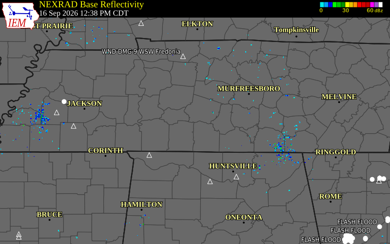 Current NEXRAD radar over Lewis County, Tennessee with recent storm report locations