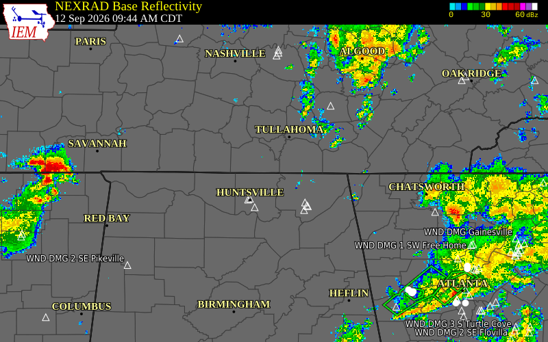 Current NEXRAD radar over Lincoln County, Tennessee with recent storm report locations