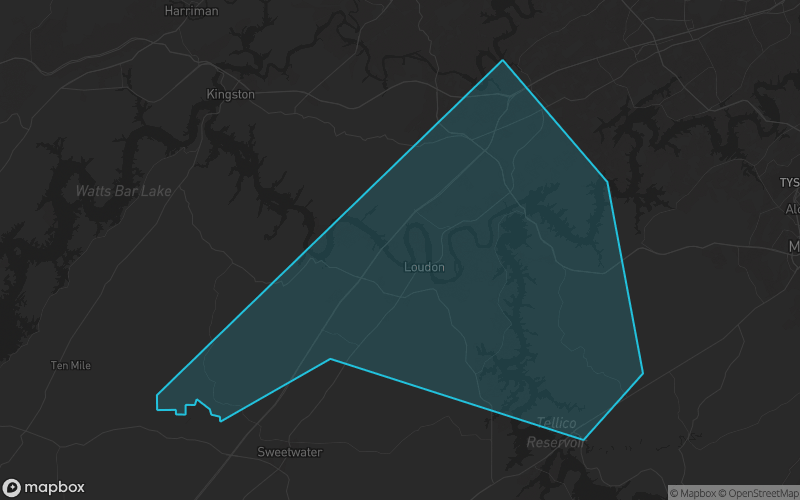 Map of Loudon County, Tennessee showing the county boundary and surrounding cities