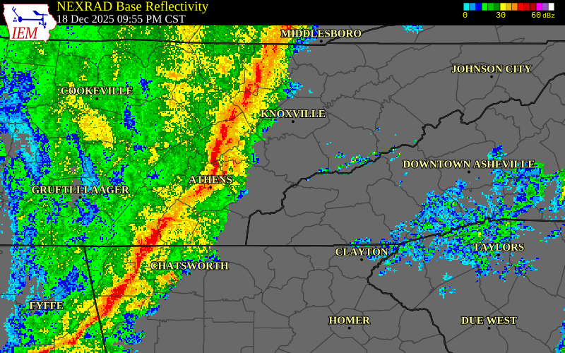 NEXRAD radar during the Thursday, December 18, 2025 storm activity in Loudon County, Tennessee