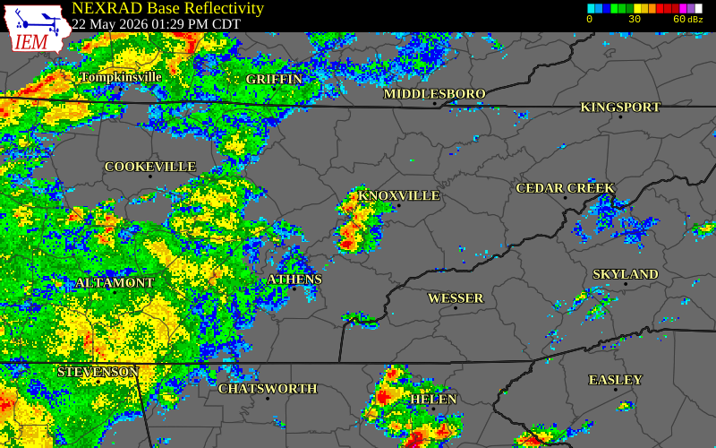 NEXRAD radar during the Friday, May 22, 2026 storm activity in Loudon County, Tennessee