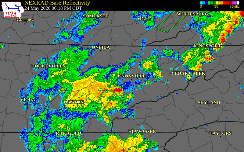 NEXRAD radar during the Sunday, May 24, 2026 storm activity in Loudon County, Tennessee