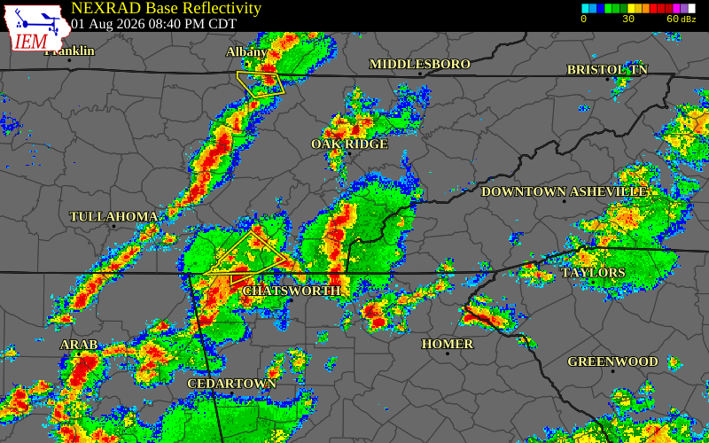Radar snapshot during the Aug 1, 2026 wind event near Loudon County, Loudon County, Tennessee, with NWS warning polygons