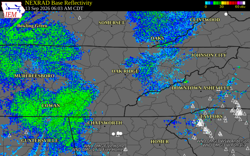 Current NEXRAD radar over Loudon County, Tennessee with recent storm report locations