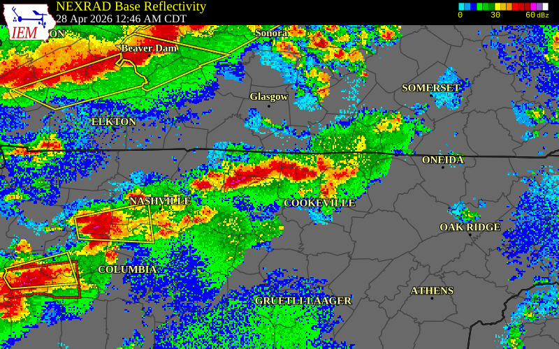 NEXRAD radar during the Tuesday, April 28, 2026 storm activity in Macon County, Tennessee