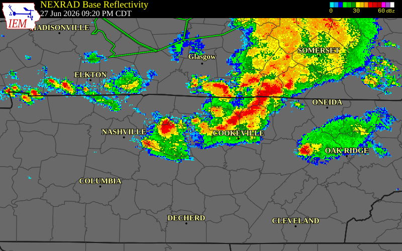 NEXRAD radar during the Saturday, June 27, 2026 storm activity in Macon County, Tennessee