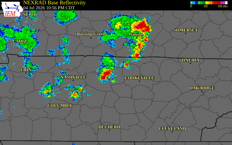 NEXRAD radar during the Saturday, July 4, 2026 storm activity in Macon County, Tennessee