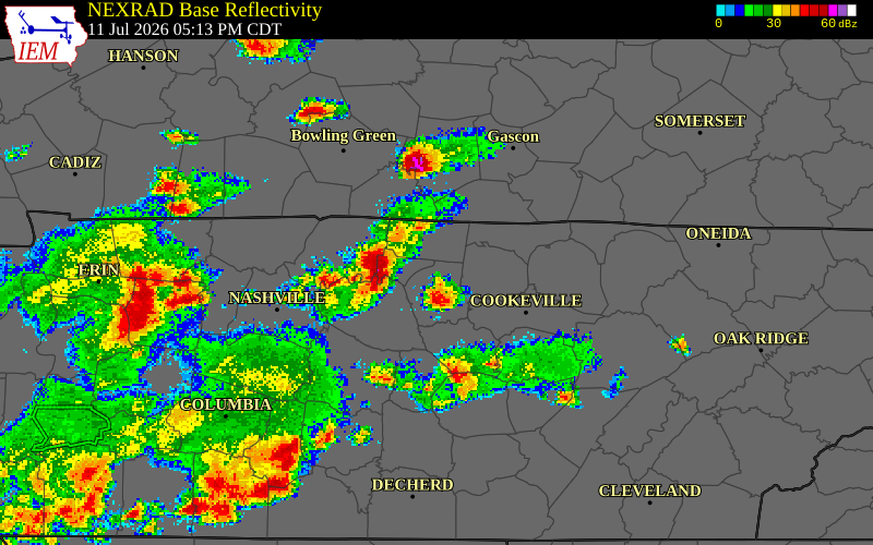 NEXRAD radar during the Saturday, July 11, 2026 storm activity in Macon County, Tennessee
