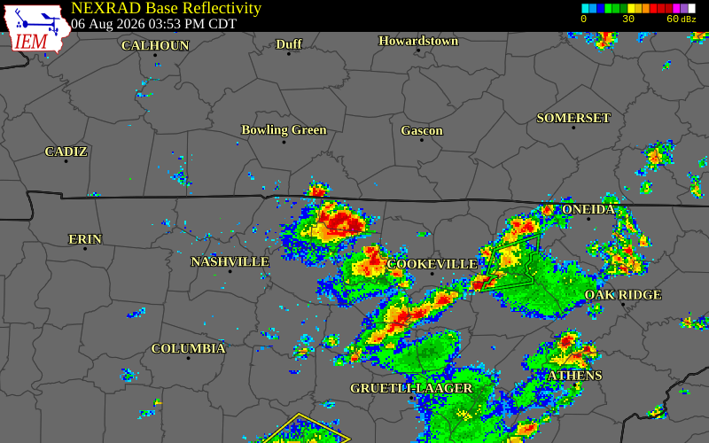 NEXRAD radar during the Thursday, August 6, 2026 storm activity in Macon County, Tennessee