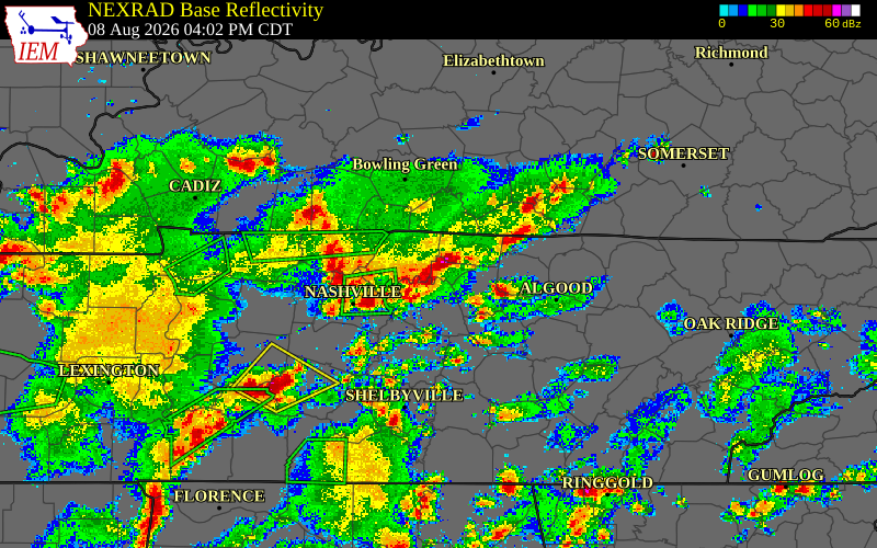 Radar snapshot during the Aug 8, 2026 wind event near Macon County, Macon County, Tennessee, with NWS warning polygons
