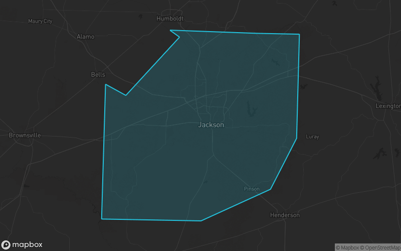 Map of Madison County, Tennessee showing the county boundary and surrounding cities
