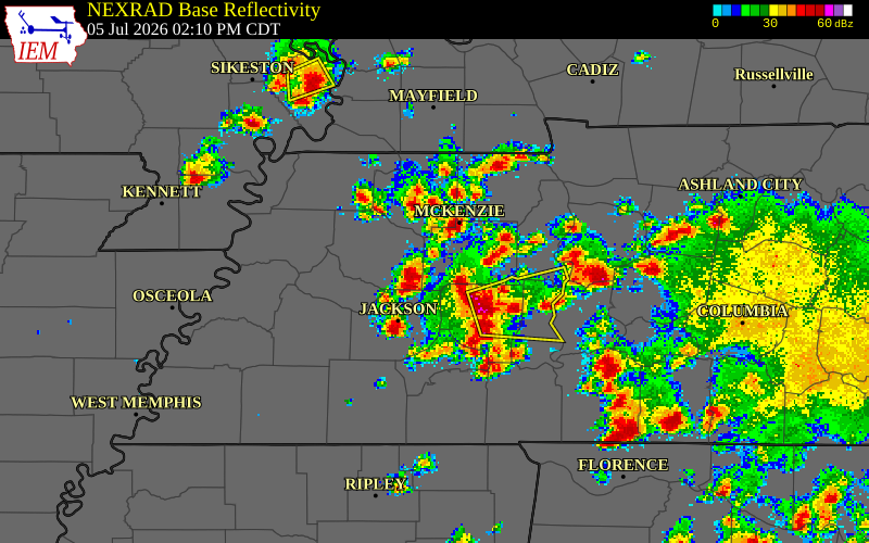 NEXRAD radar during the Sunday, July 5, 2026 storm activity in Madison County, Tennessee