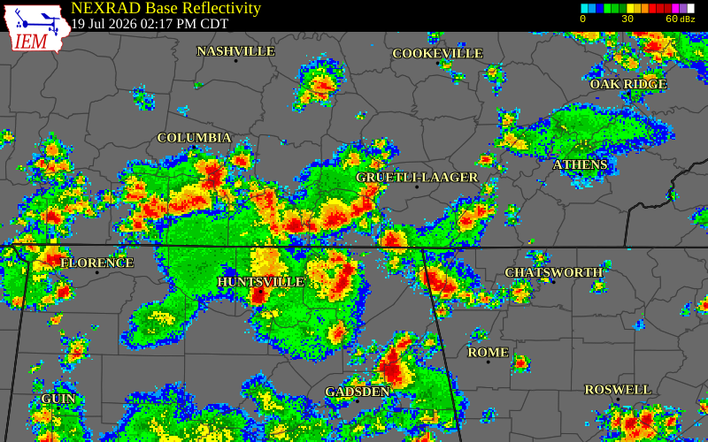 NEXRAD radar during the Sunday, July 19, 2026 storm activity in Madison County, Tennessee