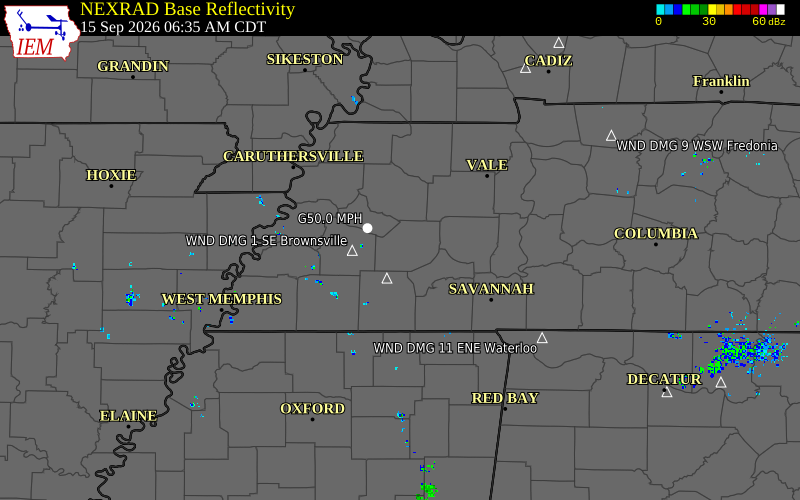 Current NEXRAD radar over Madison County, Tennessee with recent storm report locations
