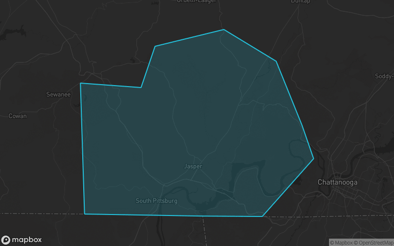 Map of Marion County, Tennessee showing the county boundary and surrounding cities