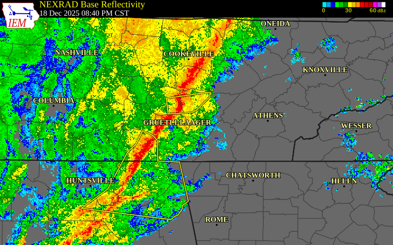 NEXRAD radar during the Thursday, December 18, 2025 storm activity in Marion County, Tennessee