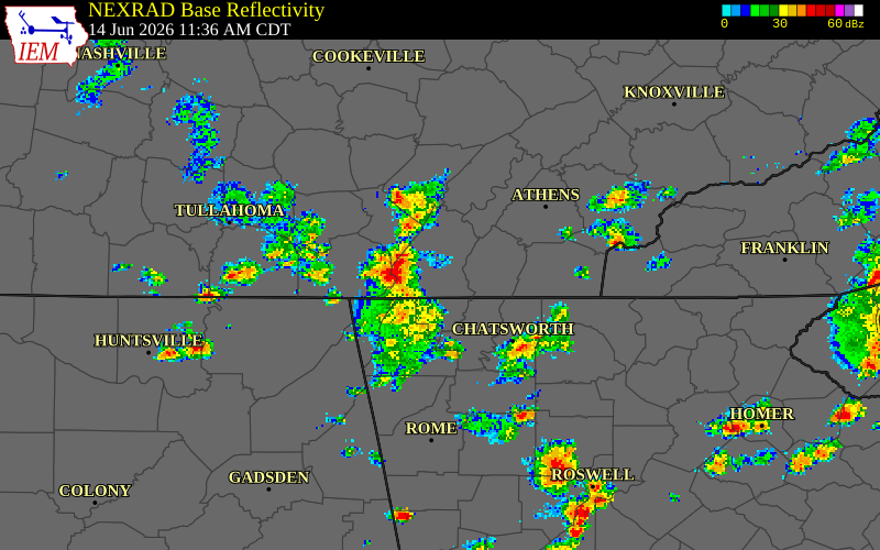 NEXRAD radar during the Sunday, June 14, 2026 storm activity in Marion County, Tennessee