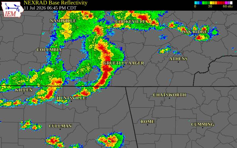 NEXRAD radar during the Saturday, July 11, 2026 storm activity in Marion County, Tennessee