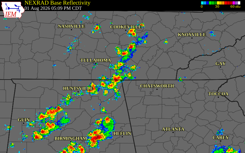 Radar snapshot during the Aug 1, 2026 wind event near Marion County, Marion County, Tennessee, with NWS warning polygons